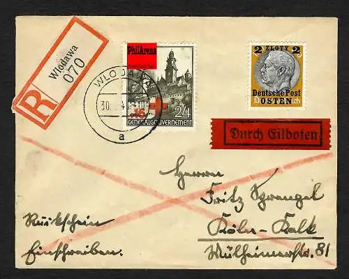 GG: Eilboten, Einschreiben, Rückschein Wlodawa nach Köln, 1940, portogerecht
