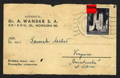 GG: poln. Aufkleber Warenprobe von Krakau nach Krynica, 1941