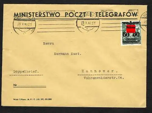 GG: Doppelbrief über 20g, Warschau nach Hannover, 29.5.40