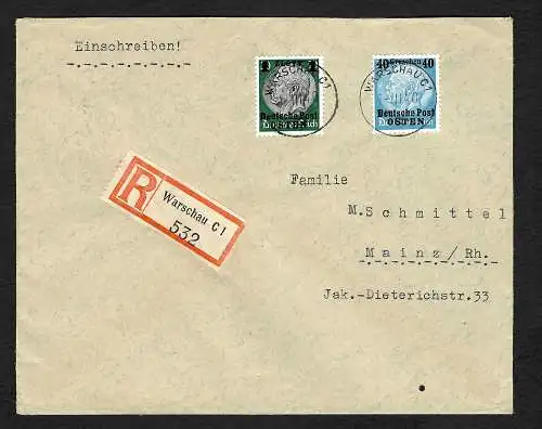 GG: Einschreiben Warschau nach Mainz, 1.3.40, portogerecht