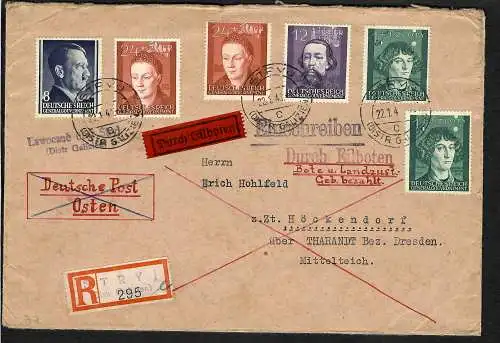 GG: Eilbote, Einschreiben -Landzustellung- von Stryj nach Höckendorf, 1943