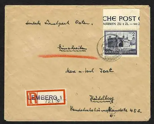 GG: Einschreiben Lemberg der Einwandererzentrale nach Heidelberg 1941