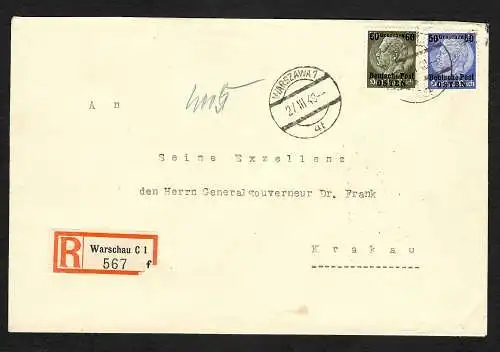 GG: Einschreiben Warschau an Generalgouverneuer Dr. Hans Frank 27.3.40