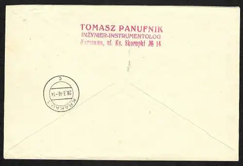GG: Einschreiben Warschau an Generalgouverneuer Dr. Hans Frank 27.3.40