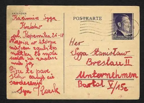 GG: Postkarte Krakau 19.11.44 nach Breslau: Unternehmen Bartold