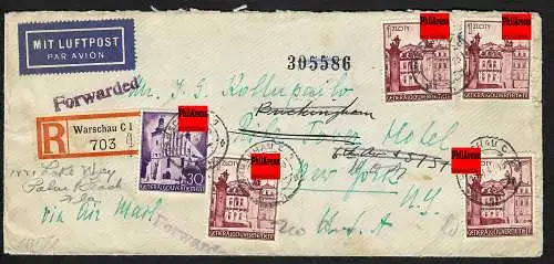GG: Luftpost Einschreiben Warschau-New York 1941, portogerecht