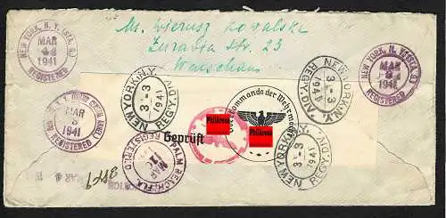 GG: Luftpost Einschreiben Warschau-New York 1941, portogerecht