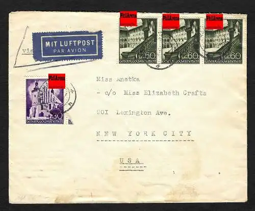 GG: Luftpost Warschau nach New York , portogerecht 1941