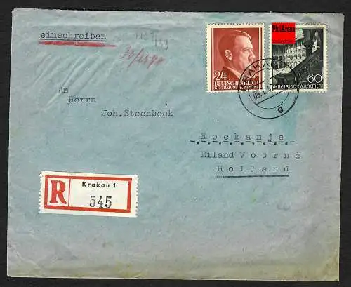 GG: Einschreiben Krakau nach Rockanje 1942: Inlandstarif portogerecht