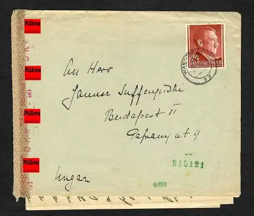 GG: portogerechter Brief 1943 zum Inlandstarif nach Ungarn/Budapest, OKW Zensur