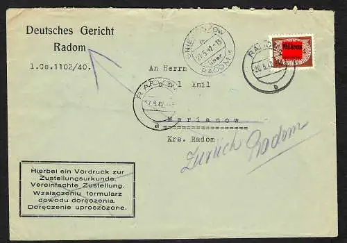 GG: Dienstbrief Deutsches Gericht Radom, zurück: Empfänger ist beim Militär 1942