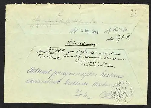 GG: Dienstbrief Deutsches Gericht Radom, zurück: Empfänger ist beim Militär 1942
