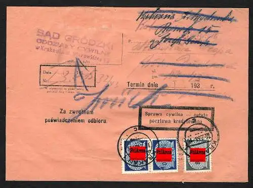 GG: Gerichtsbrief Krakau und zurück 1943, roter Umschlag, portogerecht