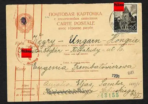 GG: portogerechte Postkarte nach Ungarn zum Sondertarif 1941
