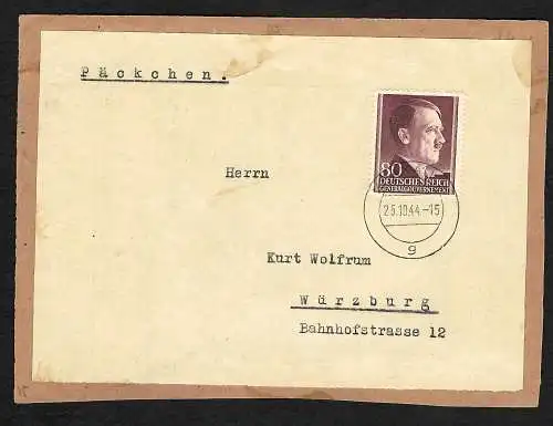 GG: Adressteil eines Päckchens 1944 mit 80 Gr. portogerecht frankiert ab Krakau