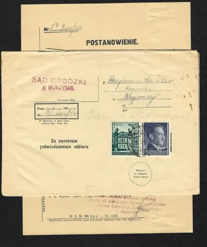 GG: Gerichtsbrief Muszynieund zurück 1943, portogerecht 1942 mit Inhalt
