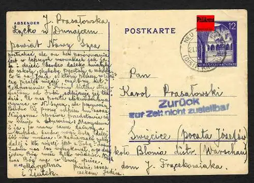 GG: Ganzsache: 20.10.44 Neu Sandez nach Warschau, zurück nicht zustellbar