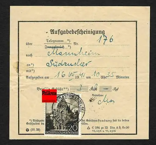 GG: Aufgabebescheinigung, Reichsdeutsches Formular, Tomaszow Lubelski 1941