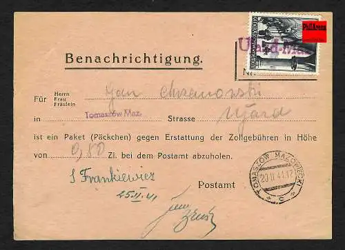 GG: Benachrichtigungsformular, portorichtig Postagentur Ujazd Maz. 1941
