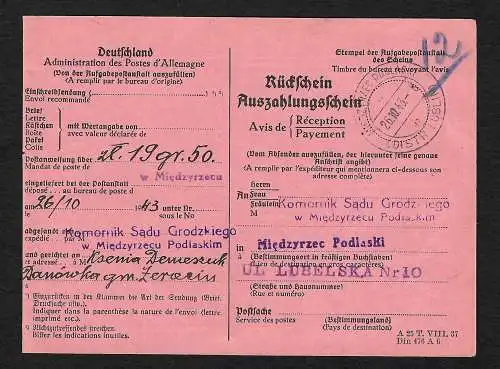GG: Formular Rückschein/Auszahlungsschein Miedzyrzec Podlaski 1943