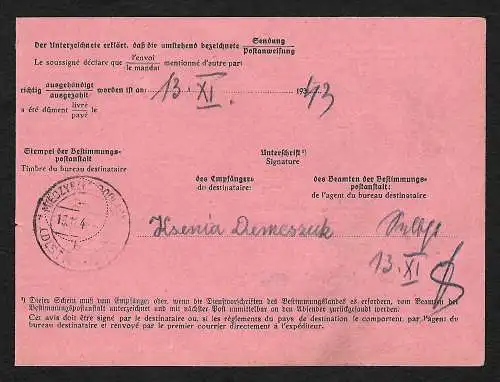 GG: Formular Rückschein/Auszahlungsschein Miedzyrzec Podlaski 1943