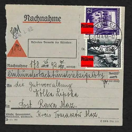 GG: Nachnahme Formular Kielce 1942 nach Rawa Maz., seltenes dt. Formular