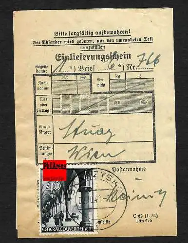 GG: Einlieferungsschein für 1 Einschreiben: Skarzysko nach Wien 1940