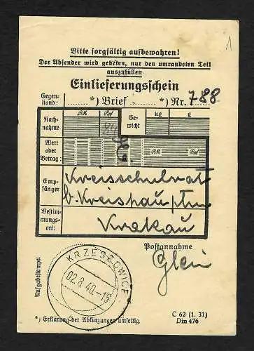 GG: Einlieferungsschein für 1 Nachnahme Krzeszowice an Kreisschulrat Krakau 1940