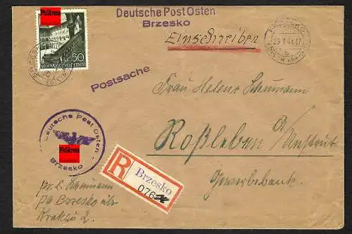GG: Postsache Einschreiben Brzesko 1941, rückseitig Portosätze beschrieben