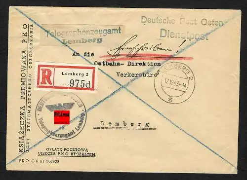 GG: Postsache Dienstpost Telegraphenamt Lemberg als Einschreiben an die Ostbahn