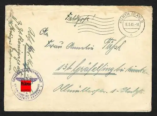 GG: Feldpost 9.3.45: Kommandeur der Ordnungspolizei aus Fürth !!!