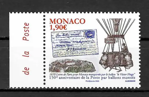 Monaco 2020: Lettre de Paris pour Monaco, Ballonpost de Victor Hugo, **