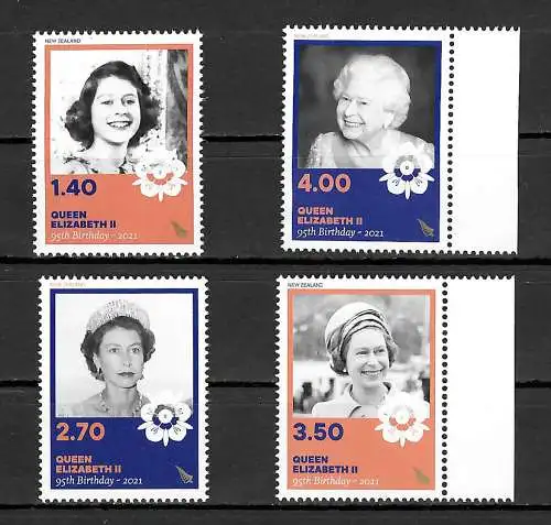 Neuseeland 2021: Ninety-fith Birthday, Queen Elizabeth II, 4x stamps, **