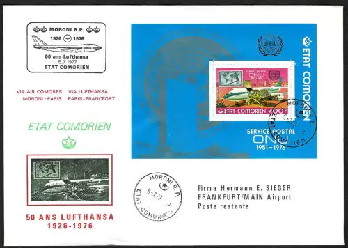 Komoren 1977: 50 Jahre Postflug mit der Lufthansa, FDC, UNO
