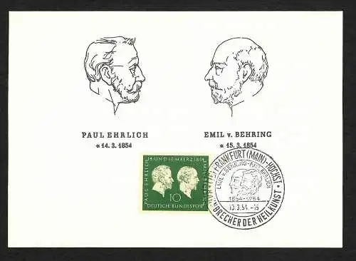 Bund 1954: Sonderkarte Paul Ehrlich, Emil v. Behring, Sonderstempel