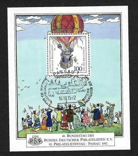 Bund 1992: 46. Philatelistentag in Passau, Ballonpost, Zeppelin, Sonderstempel