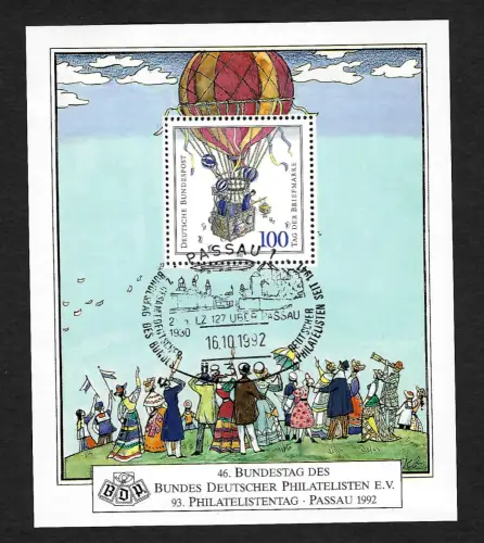 Bund 1992: 46. Philatelistentag in Passau, Ballonpost, Zeppelin, Sonderstempel