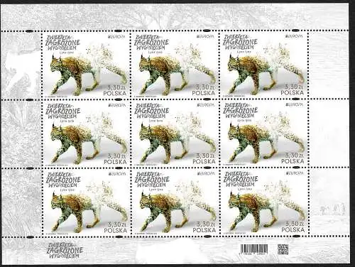 Polen 2021, Europa: Bedrohte Tiere: Luchs, Kleinbogen postfrisch