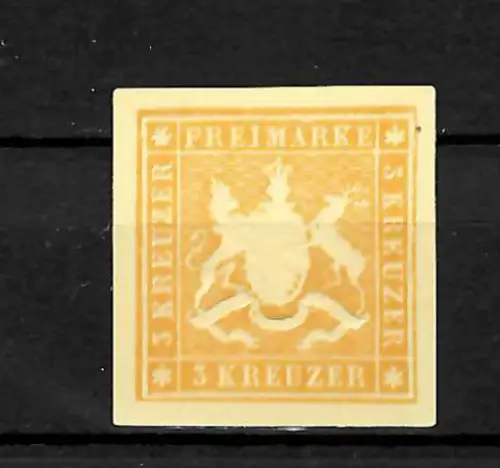 Württemberg: 3 Kreuzer Probedruck der Katalog Nr. 12, ohne Gummi