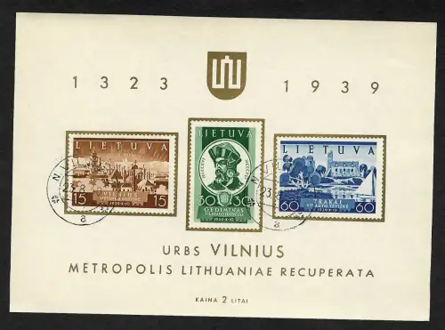 Litauen 1939: Block 2, Rückgliederung des Vilna Gebietes, gestempelt