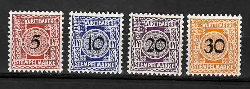 Württemberg: Stempelmarken: 4 Werte, postfrisch