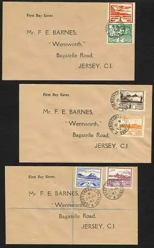 Jersey 1943: Stegpaare #3-8 auf 3x Erstagsbriefen, FDCs