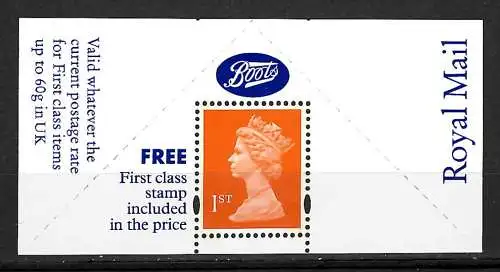 GB: First class stamp: company Boots, block, mnh