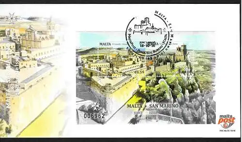 Malta 2016: Joint Issue: Malta-San Marino, Block FDC