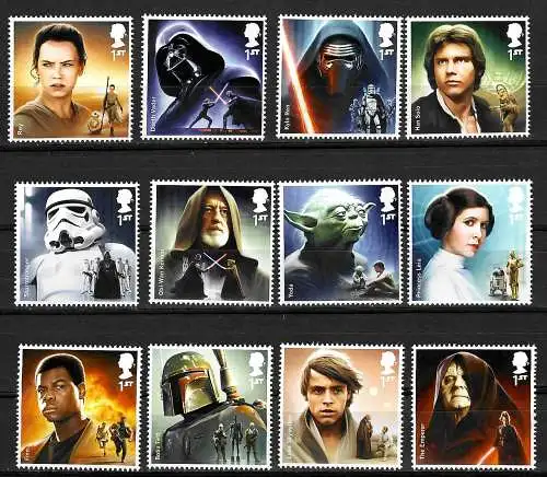 GB: Star Wars: 12x Briefmarken: Yoda, Obi-Wan Kenobi, Han Solo, ... mnh, **