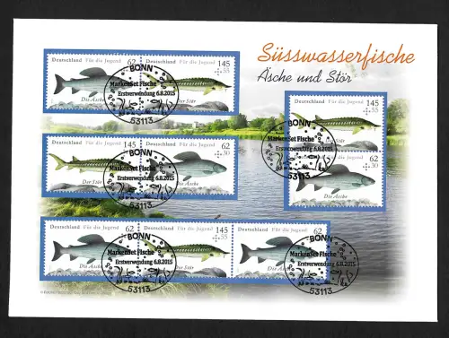 Bund 2015: Süsswasserfische Äsche und Stör, Zusammendrucke, FDC