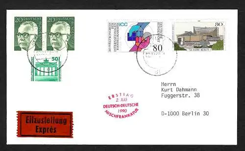 Berlin: Mischfrankatur Berlin-Ost und Berlin-West, Eilbrief 2.7.1990
