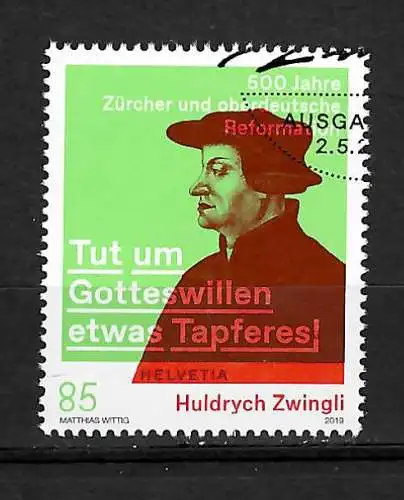 Schweiz 2019: Züricher und Reformator Huldrych Zwingli, gestempelt
