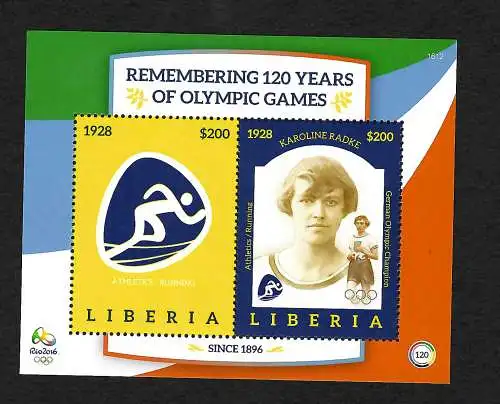 Liberia 2016: 120 years of Olympic Games - Rio 2016, Karoline Radke, **