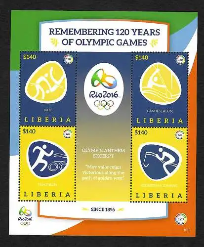 Liberia 2016: Remembering 120 years of Olympic Games - Block groß  Rio 2016, **
